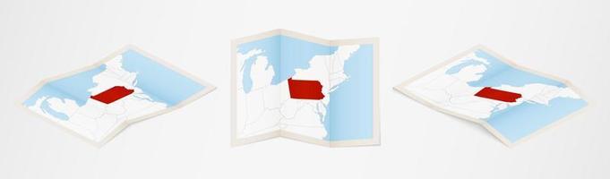 Folded map of Pennsylvania in three different versions. vector