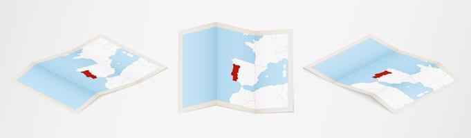 Folded map of Portugal in three different versions. vector