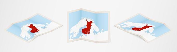 Folded map of Finland in three different versions. vector