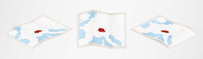 Folded map of Switzerland in three different versions. vector