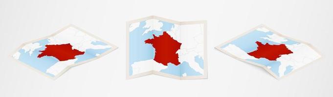 Folded map of France in three different versions. vector