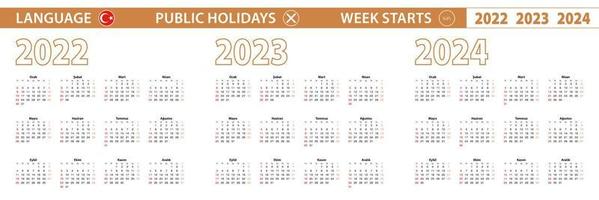 Calendario vectorial de 2022, 2023, 2024 años en idioma turco, la semana comienza el domingo. vector