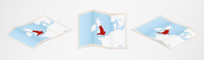 Folded map of England in three different versions. vector