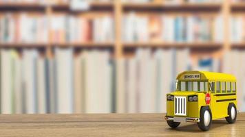 el autobús escolar en la mesa de madera para la educación o el concepto de transporte representación 3d foto