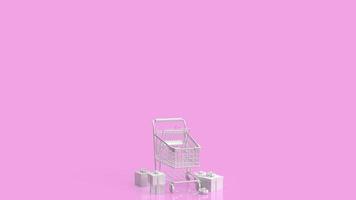The white supermarket cart and gift box on pink background 3d rendering photo