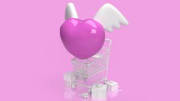 The pink heart and white wing white supermarket cart and gift box on pink background 3d rendering photo