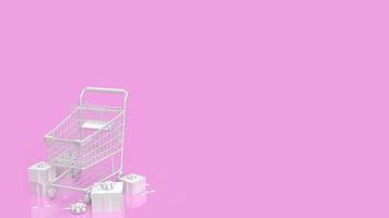 el carrito de supermercado blanco y la caja de regalo en la representación 3d de fondo rosa foto