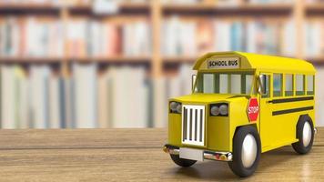 el autobús escolar en la mesa de madera para la educación o el concepto de transporte representación 3d
