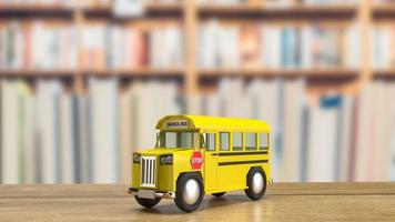 el autobús escolar en la mesa de madera para la educación o el concepto de transporte representación 3d foto