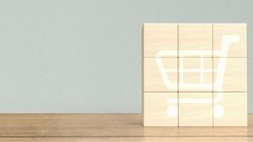 The shopping cart icon  on wood cube for business concept 3d rendering photo