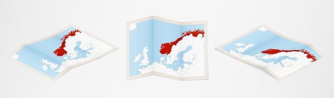 Folded map of Norway in three different versions. vector