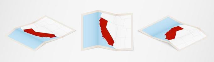 Folded map of California in three different versions. vector