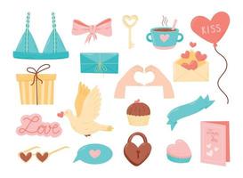 Set of cute cartoon isolated illustrations for valentine day. Design elements on the theme of love, hearts. vector