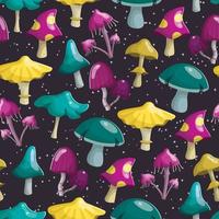 Vector illustration seamless pattern. Magic fairy mushrooms of different shapes and colors. Background decoration.