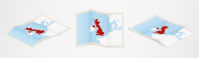 Folded map of United Kingdom in three different versions. vector