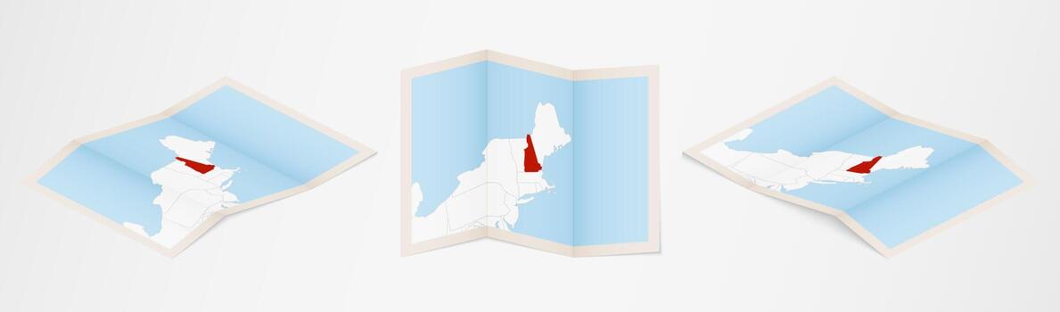 Folded map of New Hampshire in three different versions. vector