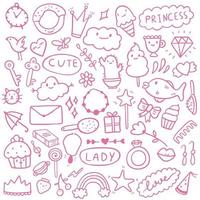 Vector illustration set of pink doodle icons. Theme for cute girls, princess, sweets, decorations. All images are isolated. Suitable for backgrounds, wrapping paper.