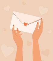 manos femeninas con manicura sosteniendo un sobre con una carta de amor. postal vectorial o pancarta para el día de san valentín. vector