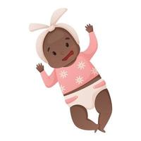 Vector illustration of lying african american newborn baby in diaper isolated on white. Cute little baby girl smiling.