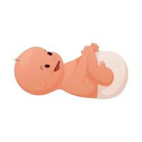 Vector illustration of a laughing newborn baby in a diaper lies on his back isolated on white.