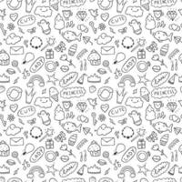 Vector seamless pattern set of doodle icons. Theme for cute girls, princess, sweets, decorations. All images are isolated. Suitable for backgrounds, wrapping paper.