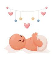 Newborn baby lying and playing with hanging mobile or rattles vector illustration.