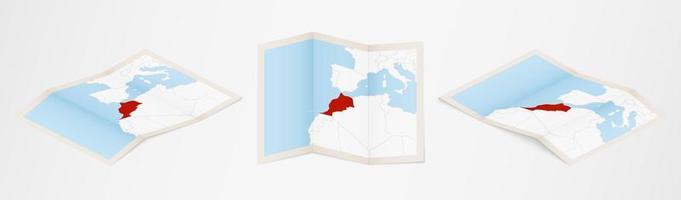 Folded map of Morocco in three different versions. vector