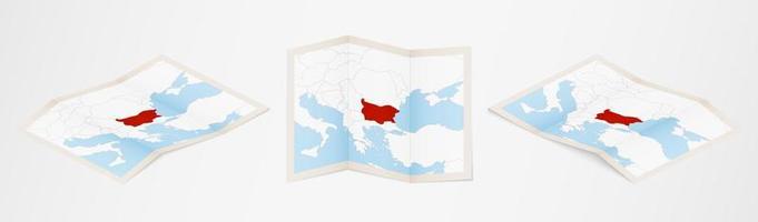 Folded map of Bulgaria in three different versions. vector