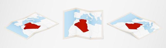 mapa plegado de argelia en tres versiones diferentes. vector