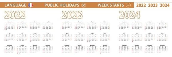 Calendario vectorial de 2022, 2023, 2024 años en francés, la semana comienza el domingo. vector