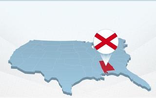 mapa del estado de alabama en el mapa de los estados unidos de américa en perspectiva. vector