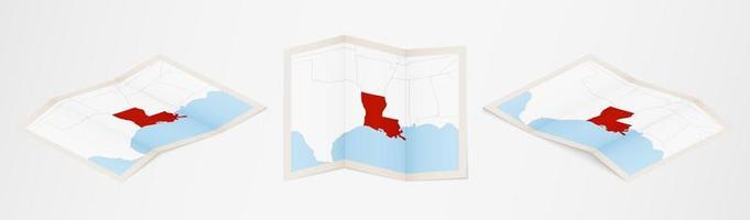 Folded map of Louisiana in three different versions. vector