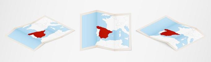 Folded map of Spain in three different versions. vector