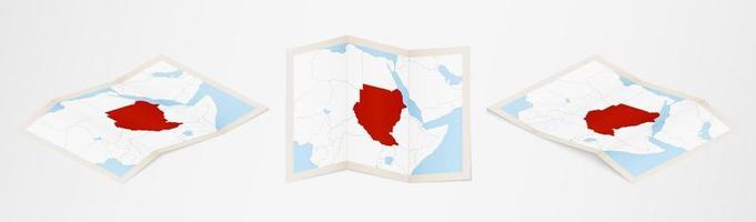 Folded map of Sudan in three different versions. vector