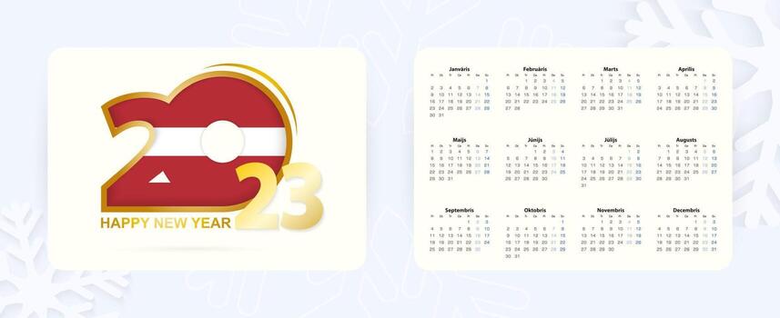 Horizontal Pocket Calendar 2023 in Latvian language. New Year 2023 icon with flag of Latvia. vector