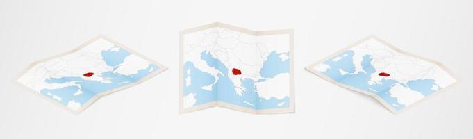 Folded map of Macedonia in three different versions. vector