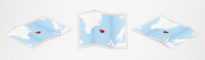 Folded map of Iceland in three different versions. vector