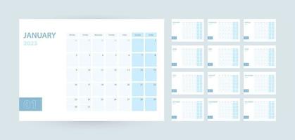 Monthly calendar template for the year 2023, the week starts on Monday. The calendar is in a blue color scheme. vector