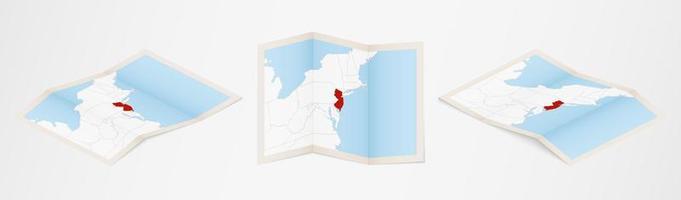 Folded map of New Jersey in three different versions. vector