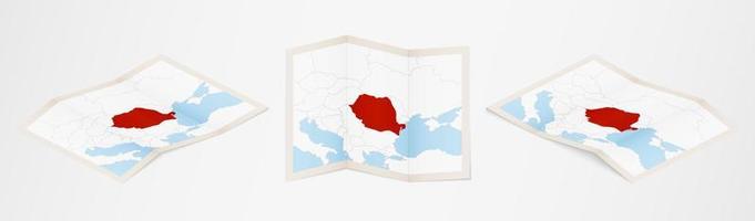 Folded map of Romania in three different versions. vector