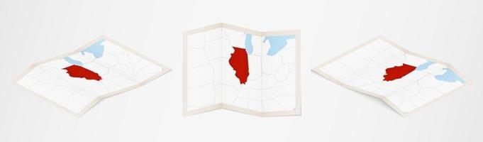 Folded map of Illinois in three different versions. vector