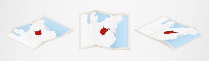 Folded map of West Virginia in three different versions. vector