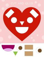 Cut and glue activity for Valentine Day. Preschool and kindergarten fine motor skills worksheet. Cutting practice for children. Cute heart vector