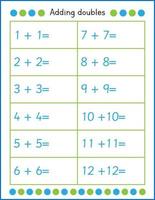 Math worksheet for kids. Adding doubles. Addition practice for children vector