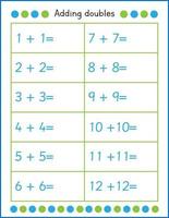 Math worksheet for kids. Adding doubles. Addition practice for children vector