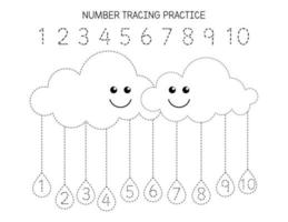 Math worsheet for kids. Numbers 1 to 10 tracing practice activity. Trace and color cute clouds and drops. Educational game vector