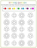 Color by key or code worksheet for kids. Spring coloring and counting activity for children. Math worksheet for preschool and kindergarten vector