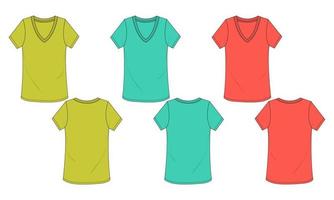 camiseta de manga corta con cuello en v multicolor plantilla de ilustración de vector de boceto plano de moda técnica para mujeres. prendas de vestir diseño de ropa maqueta mujer unisex