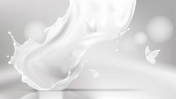 Milk splash, swirl shape and butterfly silhouettes vector