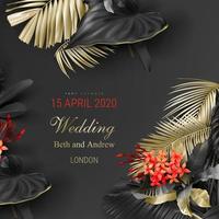 Tropical black and gold leaves on dark background vector